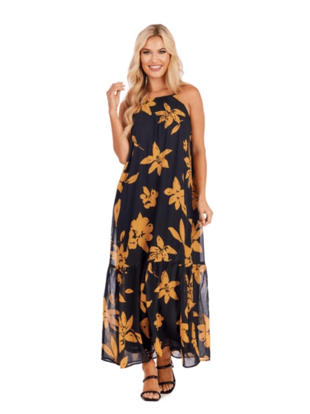Mudpie Black Sleeveless Maxi Dress with Yellow Floral Print ✨🆕